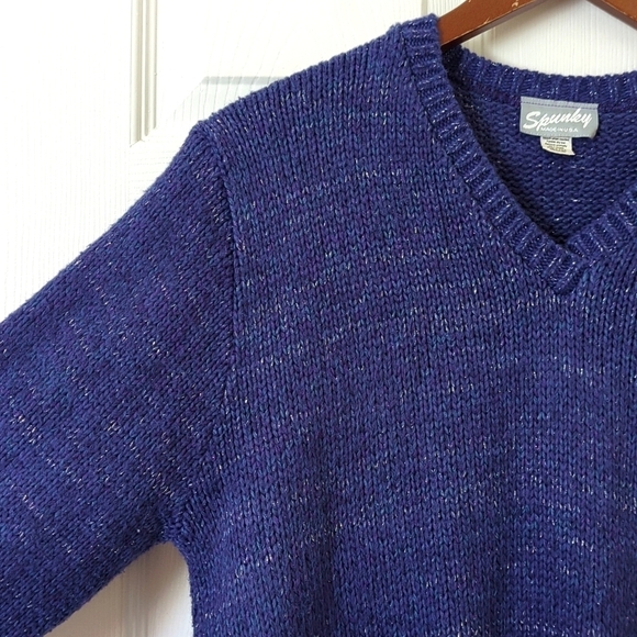 Spunky 80's Vintage Classic Metallic Lurex Marled Knit V-neck Sweater Purple M - Picture 3 of 10